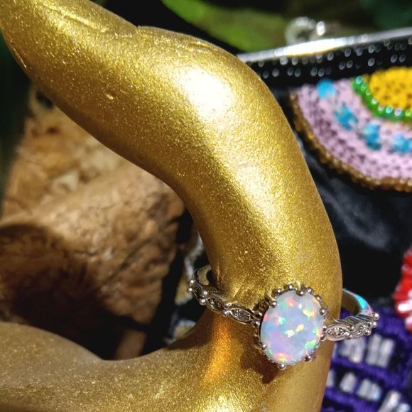 Opal & CZ Diamond 💍 Ring - Picture 2 of 7